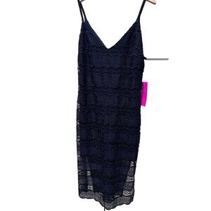 Betsey Johnson Navy Blue Lace Floral Evening Midi Dress Bodycon Slinky Sz 10